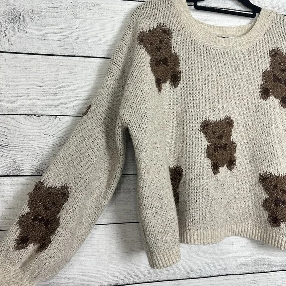 Oak+Meadow Anthro Teddy Bear Sweater Top Pullover Womens Sz Large Coquette Cozy - Picture 2 of 6